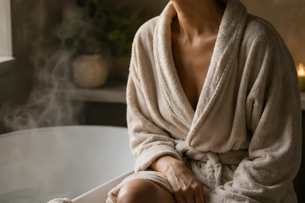 Authentischer Wohlfühlmoment passend zum Beauty-Thema Körperpeeling für empfindliche Haut