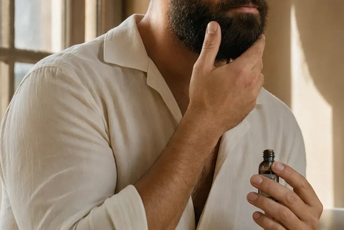 Authentischer Wohlfühlmoment passend zum Beauty-Thema Männer-Körperpflege für einen lückenhaften Bart