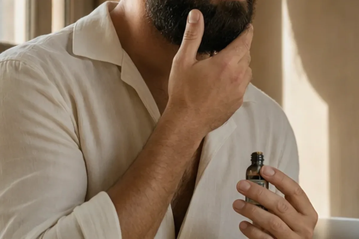 Redaktionelle Detailaufnahme zur Orientierung bei Männer-Shampoo für fettige Haut