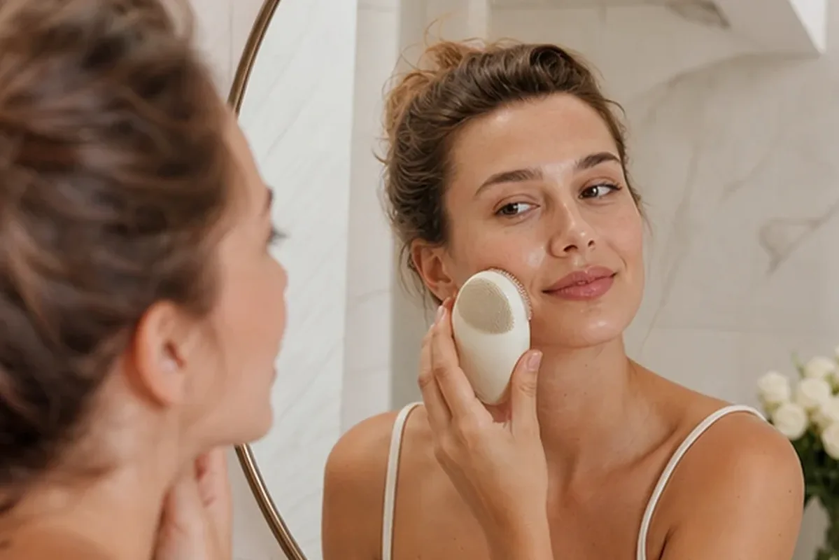 Authentische Beauty-Routine passend zum Thema Gesichtsreinigungsbürste für empfindliche Haut