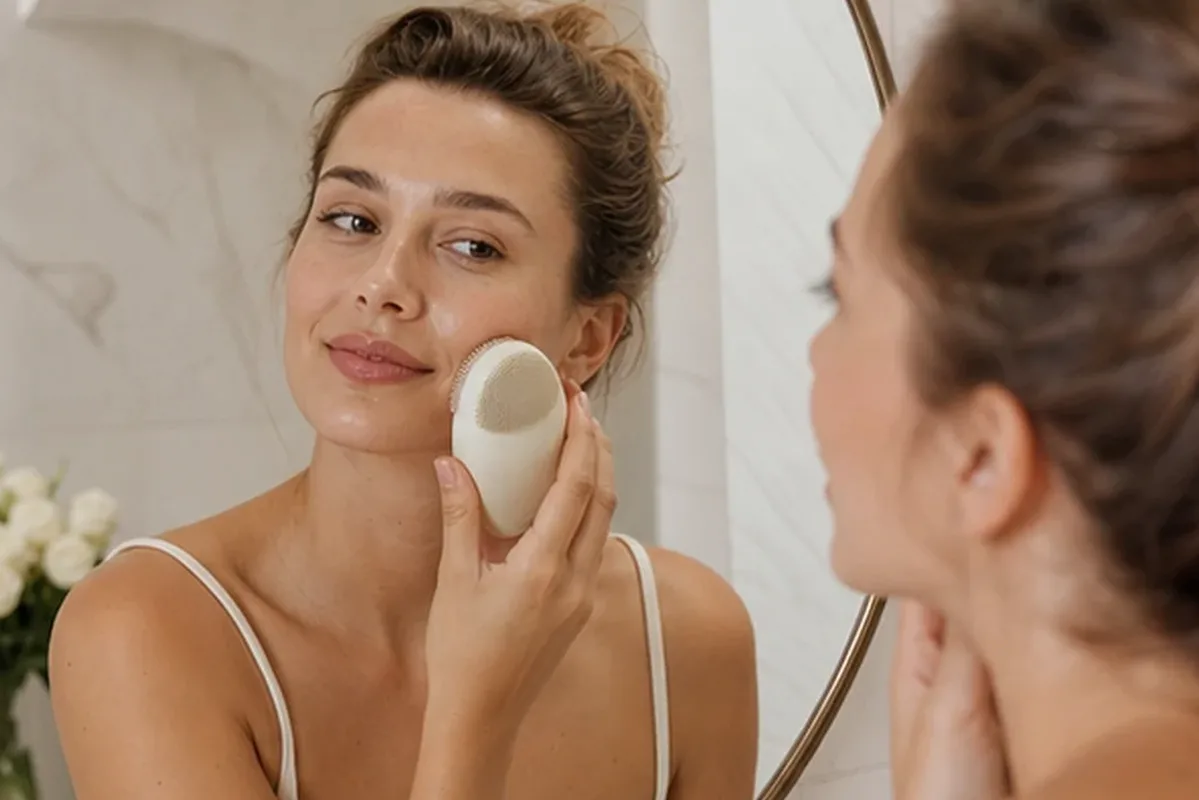 Authentischer Wohlfühlmoment passend zum Beauty-Thema LED-Gesichtsmaske mit Premium-Anspruch
