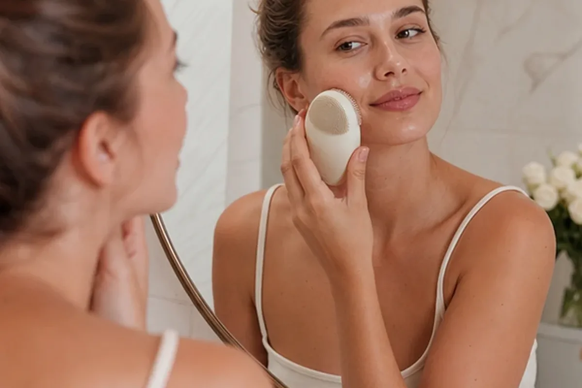 Authentischer Wohlfühlmoment passend zum Beauty-Thema Elektrische Zahnbürste für empfindliche Haut