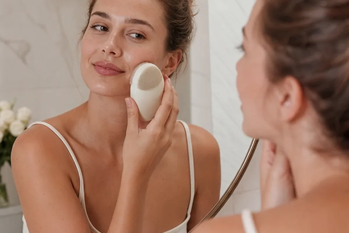 Authentischer Wohlfühlmoment passend zum Beauty-Thema LED-Gesichtsmaske mit Premium-Anspruch