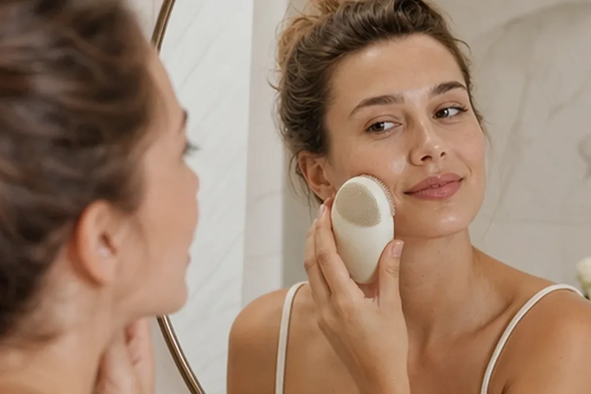 Authentischer Wohlfühlmoment passend zum Beauty-Thema LED-Gesichtsmaske für empfindliche Haut