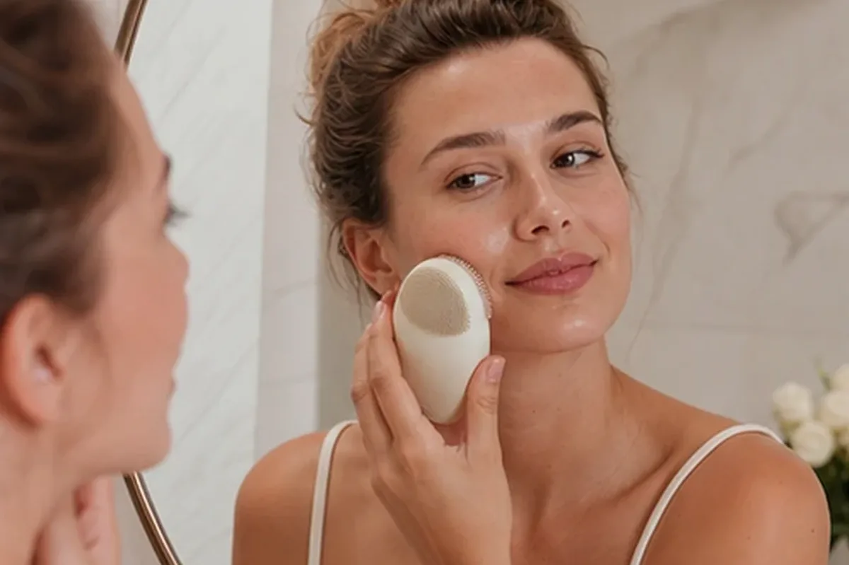 Authentischer Wohlfühlmoment passend zum Beauty-Thema Gesichtsreinigungsbürste bei wenig Zeit