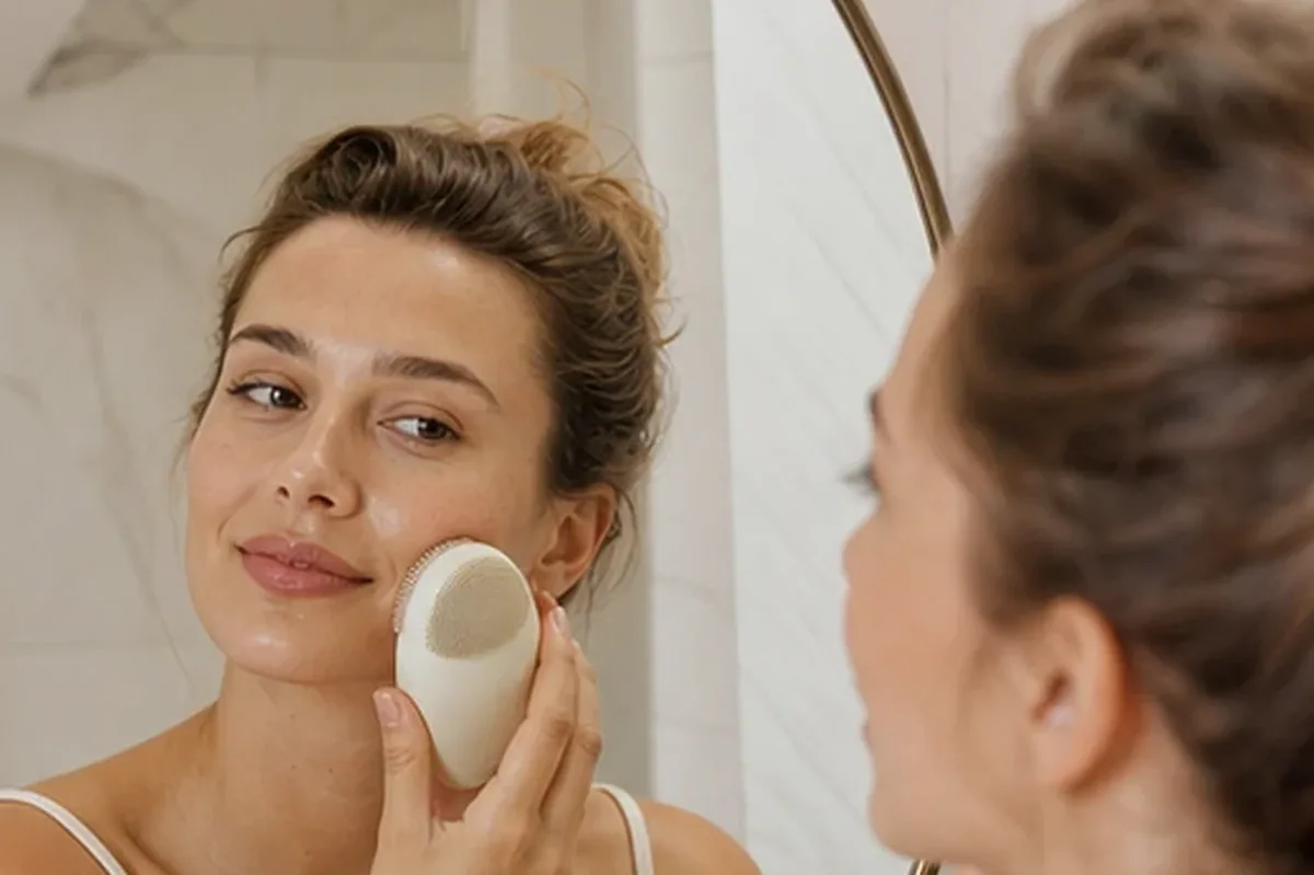 Authentischer Wohlfühlmoment passend zum Beauty-Thema Gesichtsreinigungsbürste für Anfänger