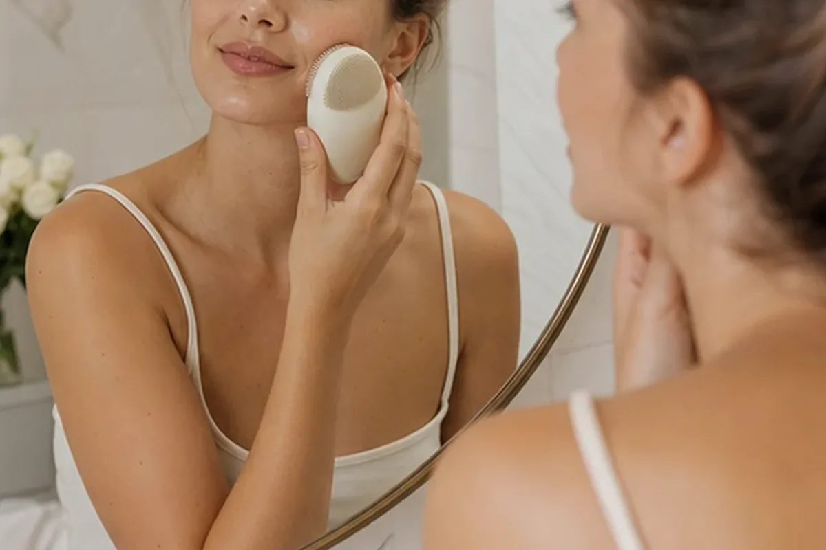 Authentischer Wohlfühlmoment passend zum Beauty-Thema Gesichtsreinigungsbürste für Anfänger