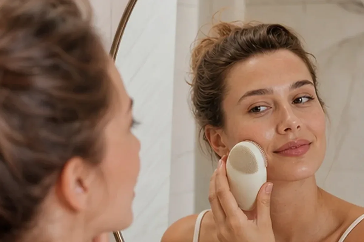 Authentischer Wohlfühlmoment passend zum Beauty-Thema Gesichtsreinigungsbürste bei kleinem Budget