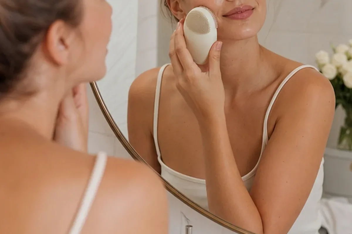 Authentischer Wohlfühlmoment passend zum Beauty-Thema Hyaluron-Serum bei ersten Fältchen