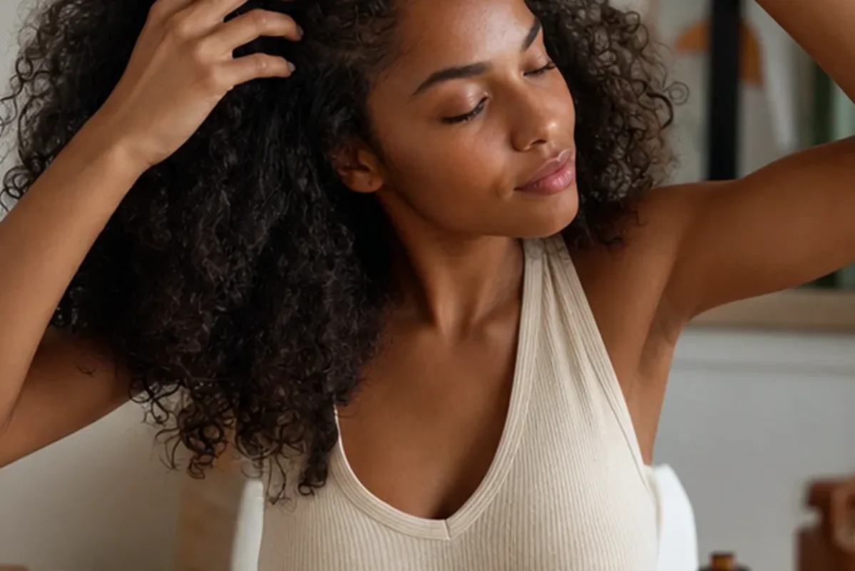 Authentischer Wohlfühlmoment passend zum Beauty-Thema Conditioner für strapaziertes Haar
