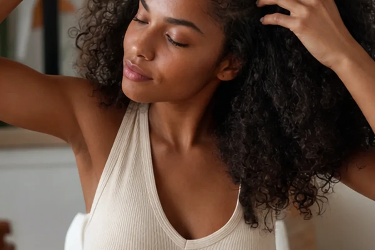 Authentischer Wohlfühlmoment passend zum Beauty-Thema Conditioner für strapaziertes Haar
