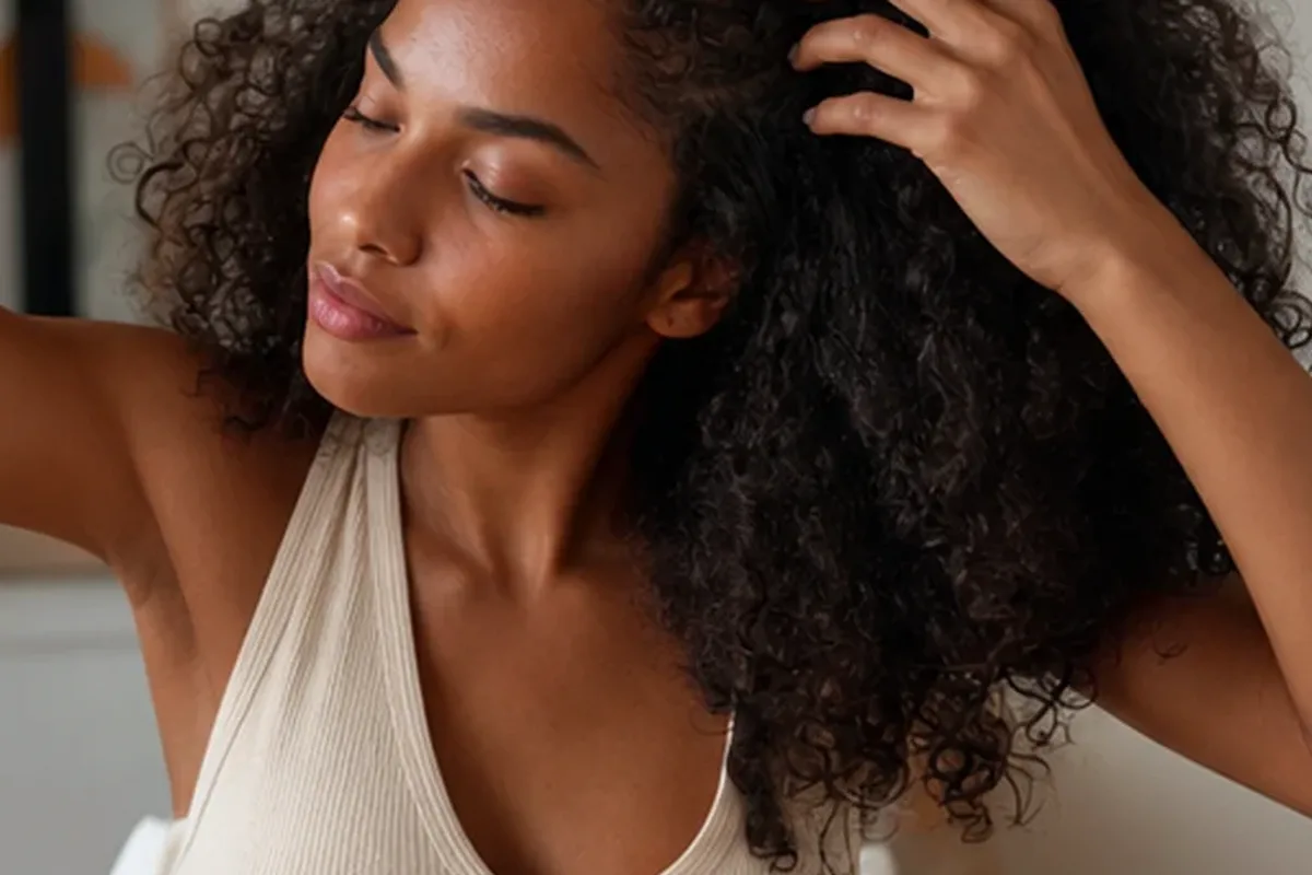 Authentischer Wohlfühlmoment passend zum Beauty-Thema Silbershampoo für lockiges Haar
