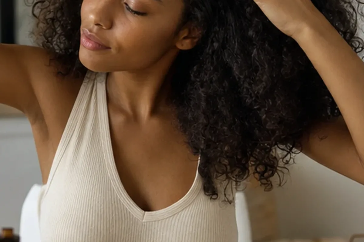 Authentischer Wohlfühlmoment passend zum Beauty-Thema Conditioner für lockiges Haar
