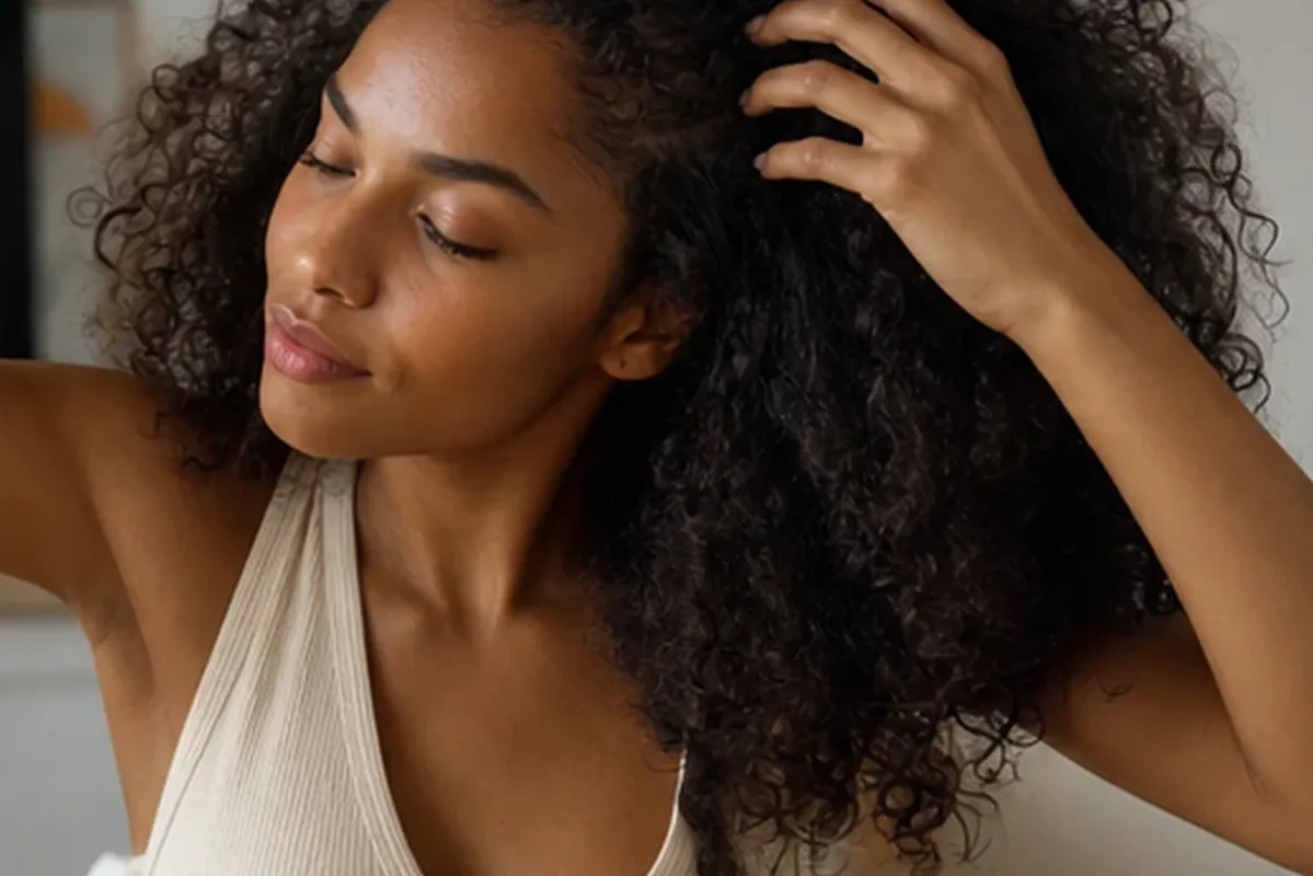 Authentischer Wohlfühlmoment passend zum Beauty-Thema Hitzeschutz bei fettigem Ansatz