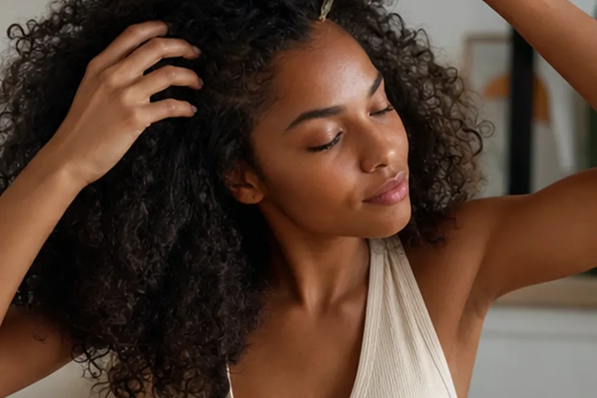 Authentischer Wohlfühlmoment passend zum Beauty-Thema Tiefenreinigungsshampoo für empfindliche Kopfhaut