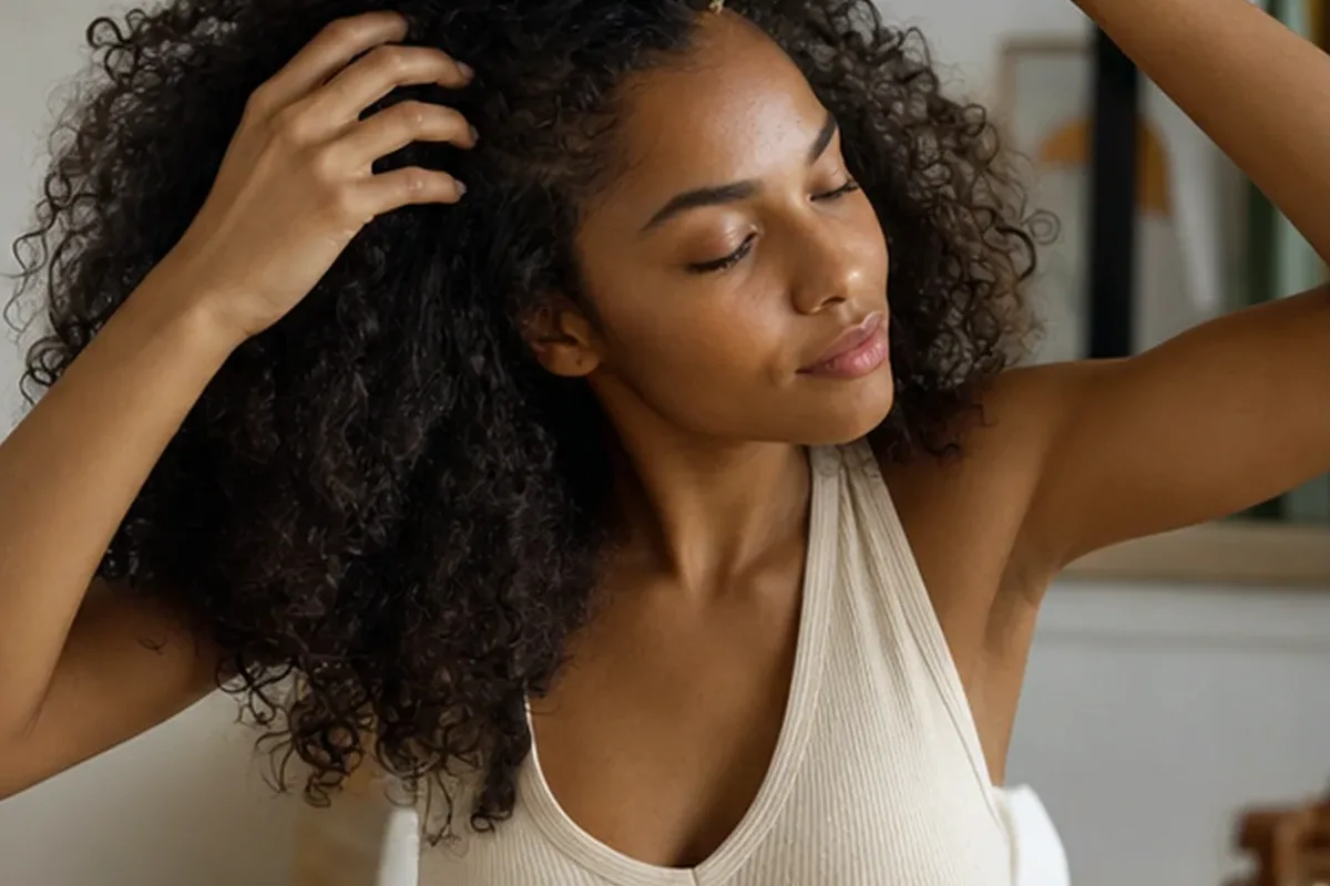 Authentischer Wohlfühlmoment passend zum Beauty-Thema Conditioner für empfindliche Kopfhaut