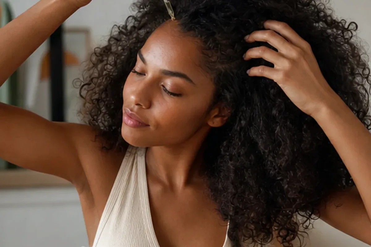 Authentischer Wohlfühlmoment passend zum Beauty-Thema Kopfhautserum bei fettigem Ansatz