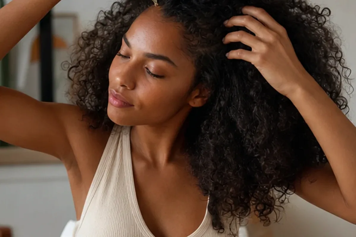 Authentischer Wohlfühlmoment passend zum Beauty-Thema Lockencreme für lockiges Haar