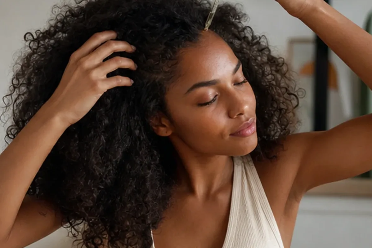 Authentischer Wohlfühlmoment passend zum Beauty-Thema Anti-Frizz-Pflege bei fettigem Ansatz