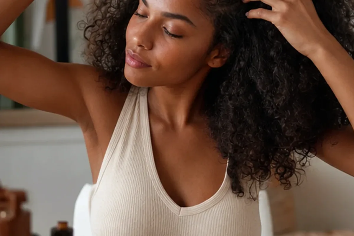 Authentischer Wohlfühlmoment passend zum Beauty-Thema Trockenshampoo bei fettigem Ansatz