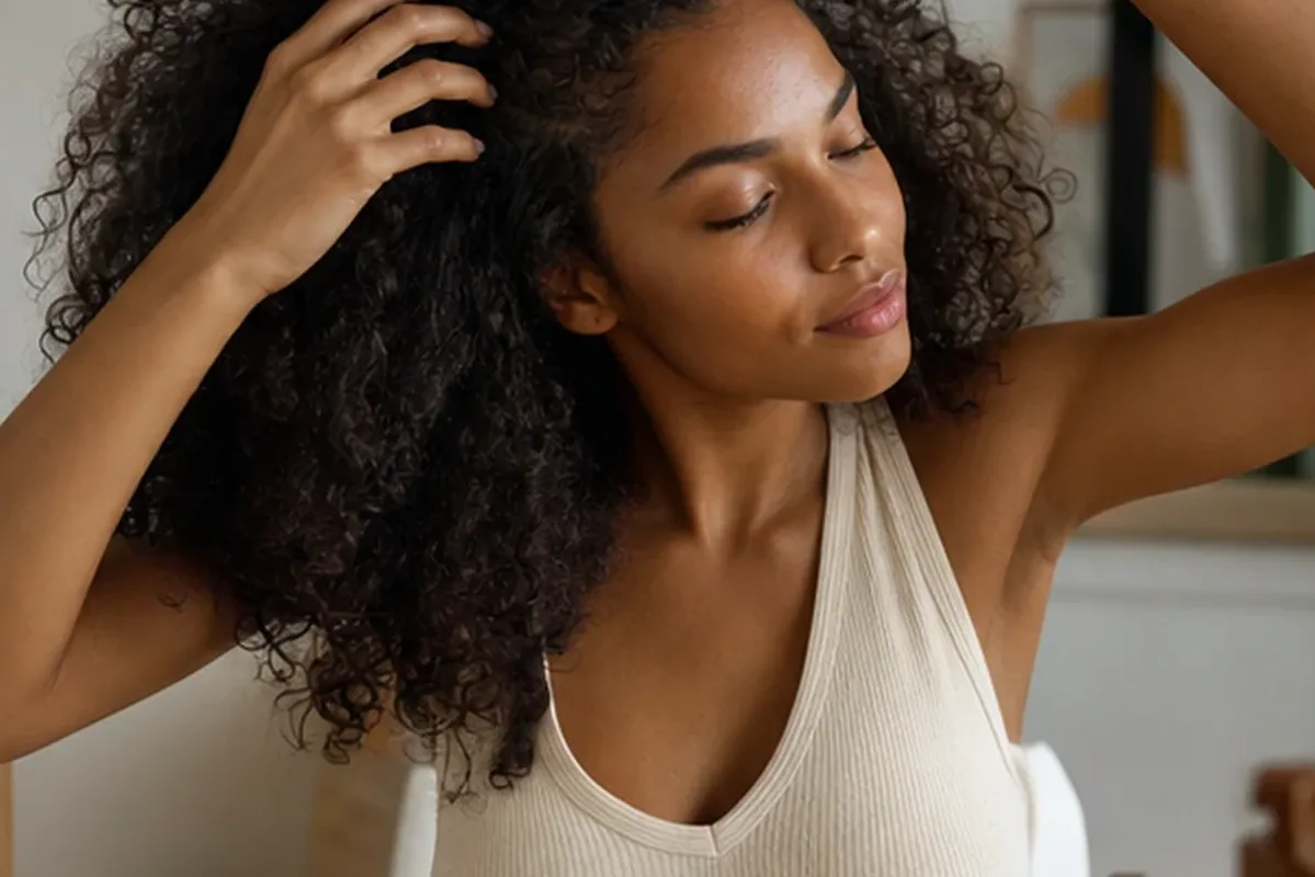 Emotionaler und authentischer Anwendungsmoment rund um Anti-Frizz-Pflege für empfindliche Kopfhaut