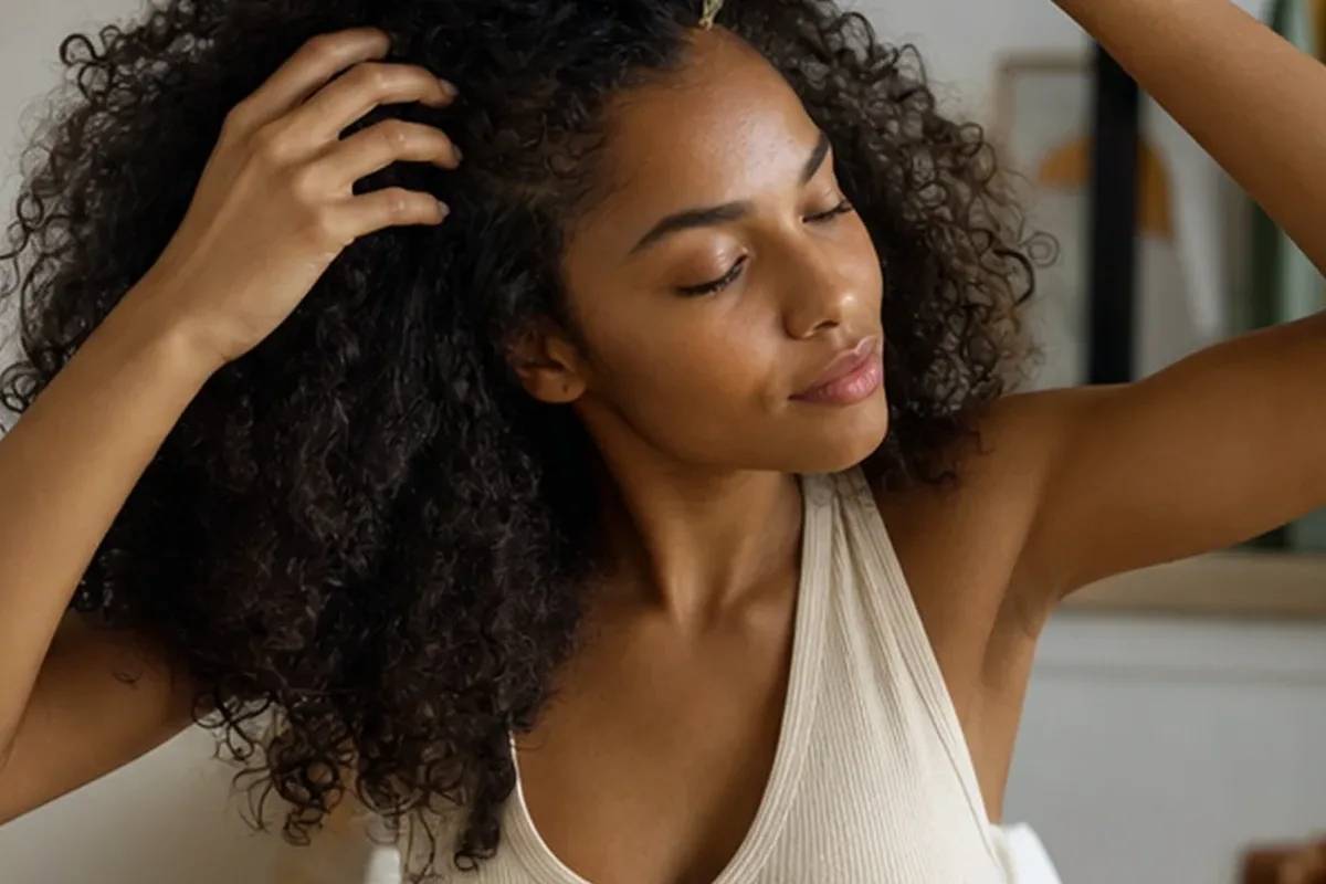 Hochwertige Beauty-Inszenierung zu Auswahlkriterien für Kopfhautserum bei Frizz