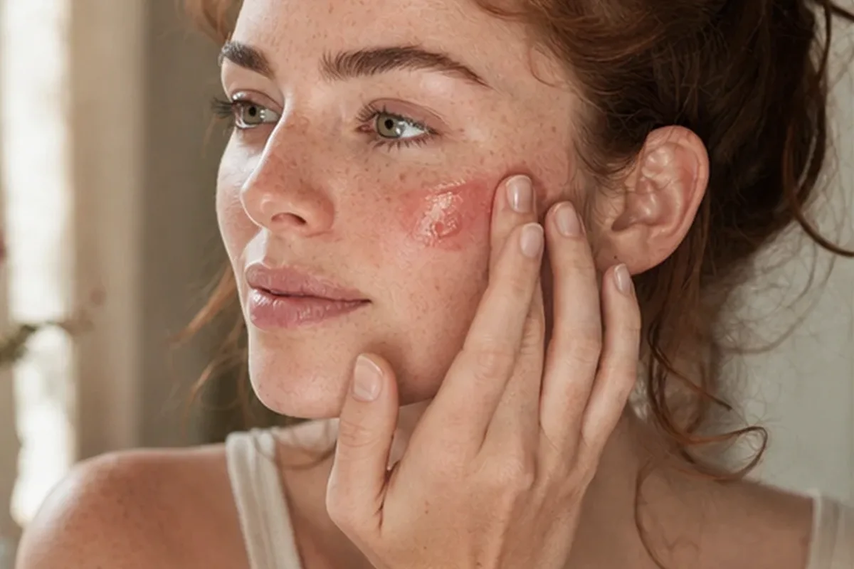 Emotionaler und authentischer Anwendungsmoment rund um Make-up-Pinsel bei Rötungen
