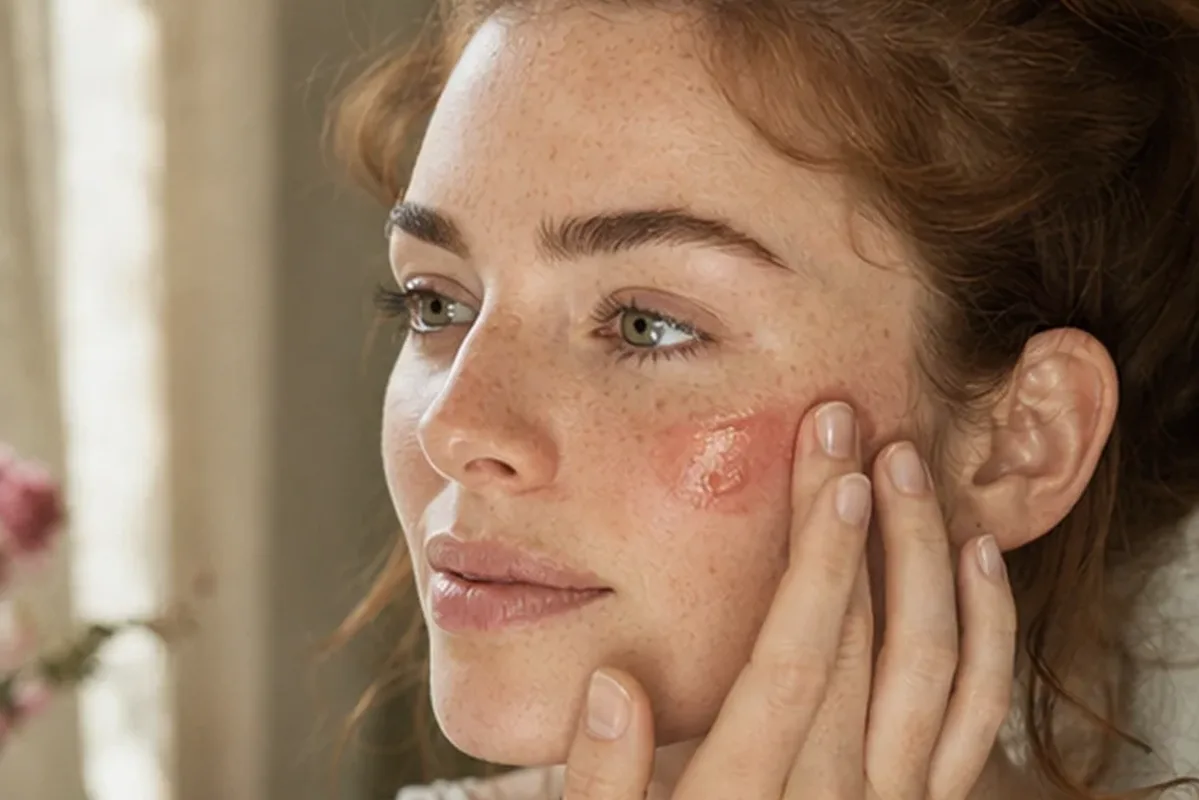Emotionaler und authentischer Anwendungsmoment rund um Make-up-Pinsel bei Rötungen