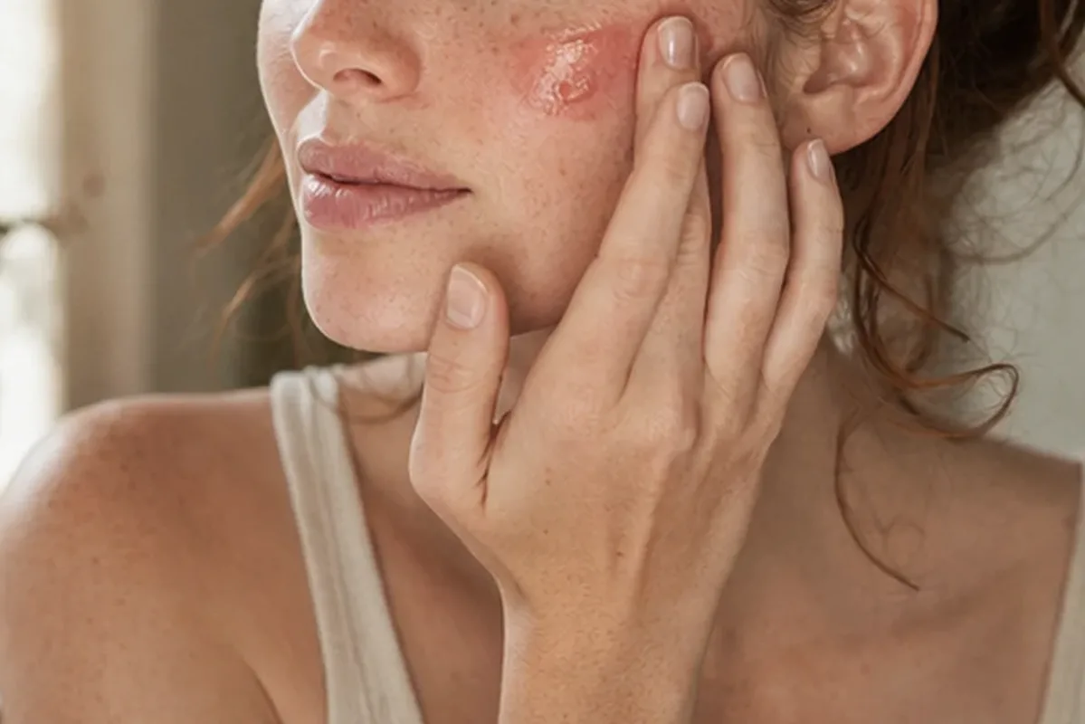 Redaktionelle Detailaufnahme zur Orientierung bei Puder bei Rötungen