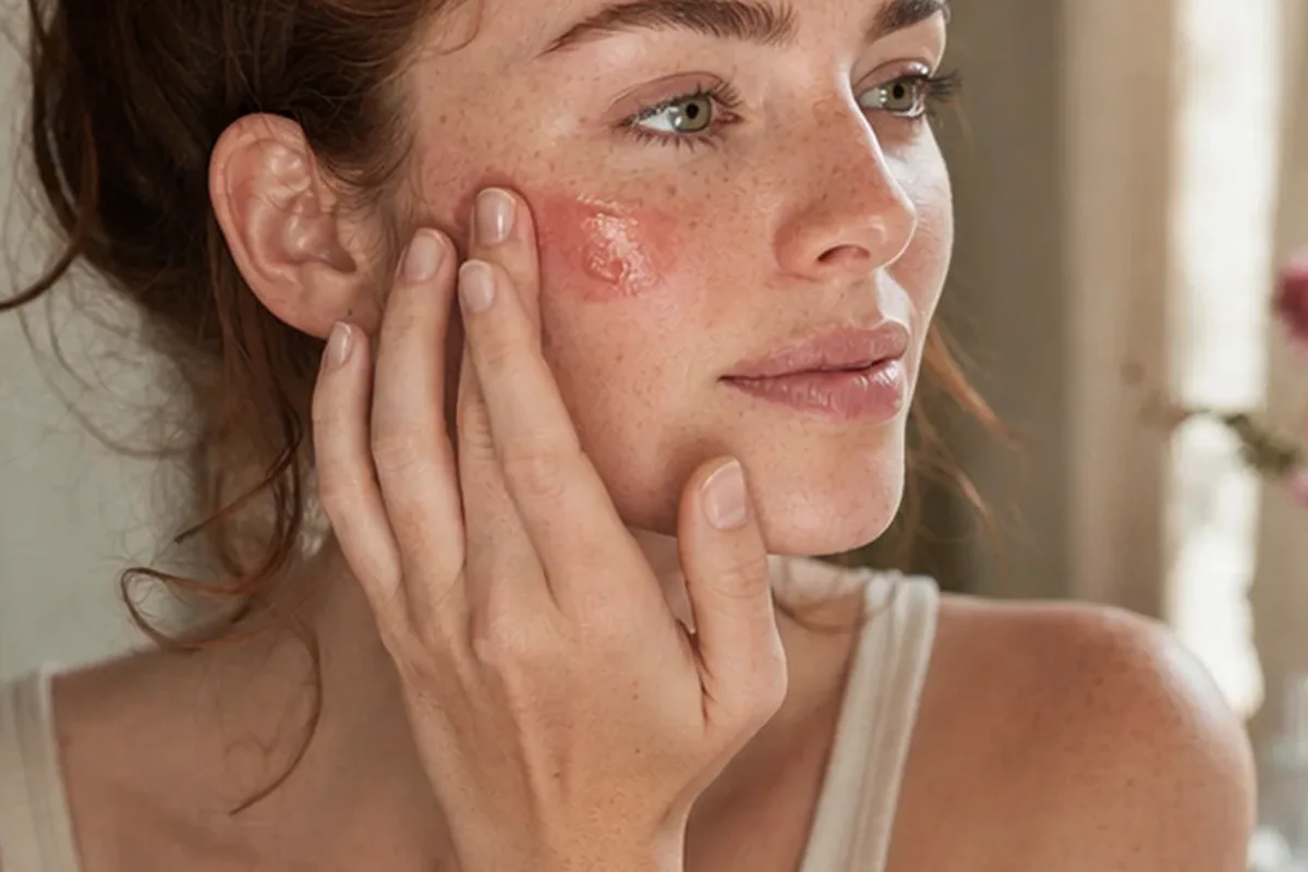 Redaktionelle Detailaufnahme zur Orientierung bei Puder bei Rötungen