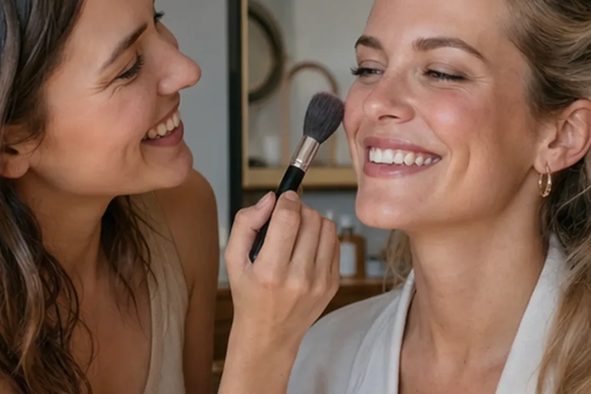 Authentischer Wohlfühlmoment passend zum Beauty-Thema Puder für langen Halt