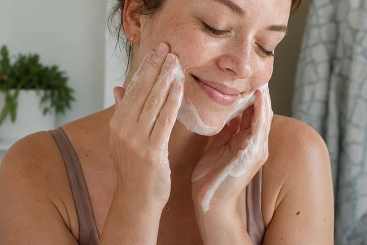 Authentischer Wohlfühlmoment passend zum Beauty-Thema Niacinamid-Serum bei ersten Fältchen