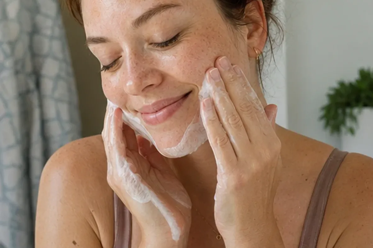 Authentischer Wohlfühlmoment passend zum Beauty-Thema Gesichtsreinigung bei Pigmentflecken