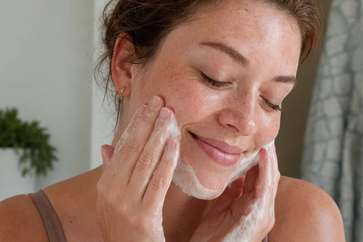 Authentischer Wohlfühlmoment passend zum Beauty-Thema Gesichtsreinigung für trockene Haut