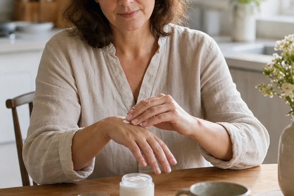 Emotionaler und authentischer Anwendungsmoment rund um Handcreme für trockene Haut