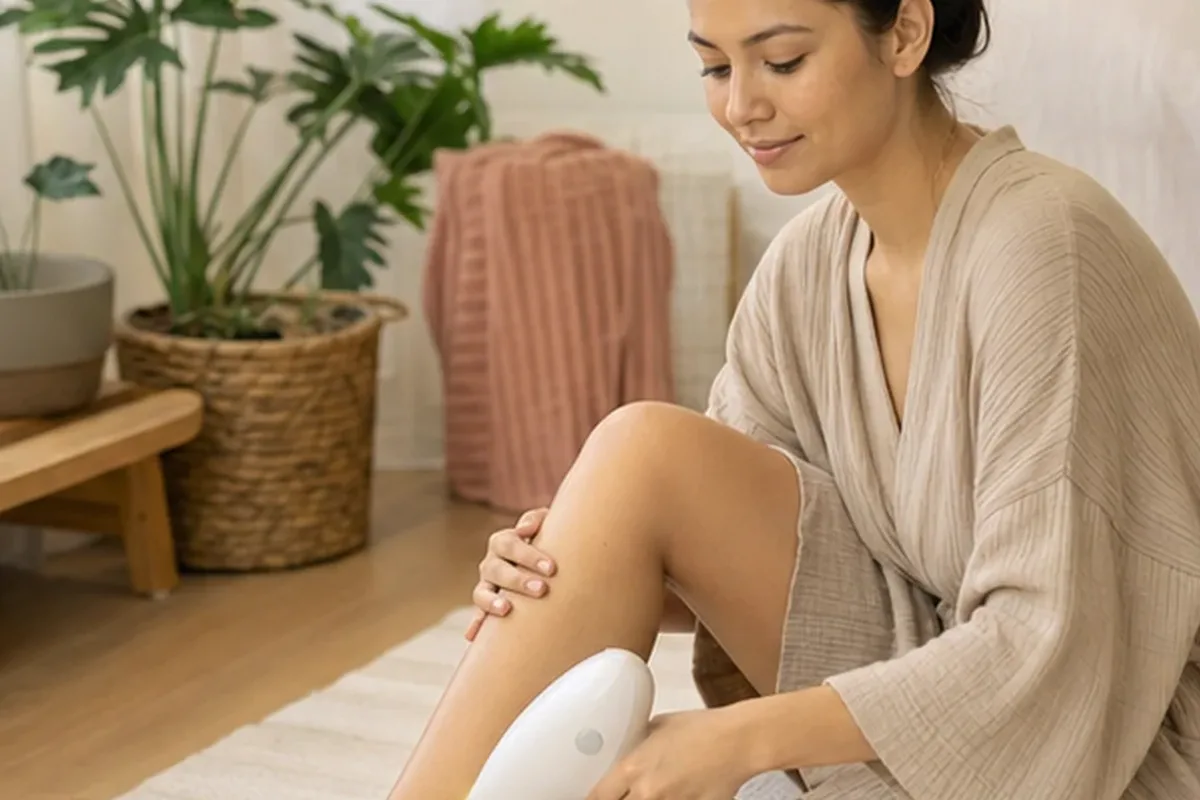Authentischer Wohlfühlmoment passend zum Beauty-Thema Body-Trimmer bei eingewachsenen Haaren
