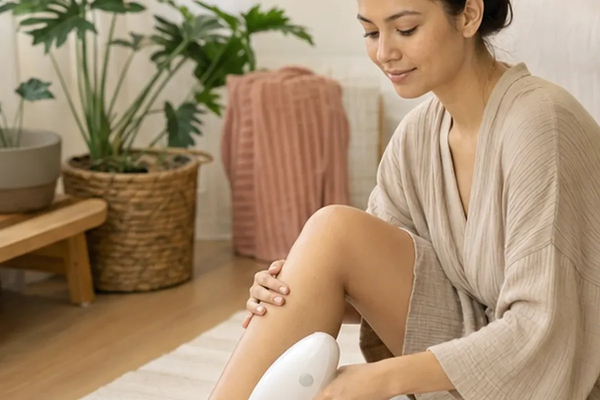 Authentischer Wohlfühlmoment passend zum Beauty-Thema Augenbrauen-Trimmer für die Bikinizone