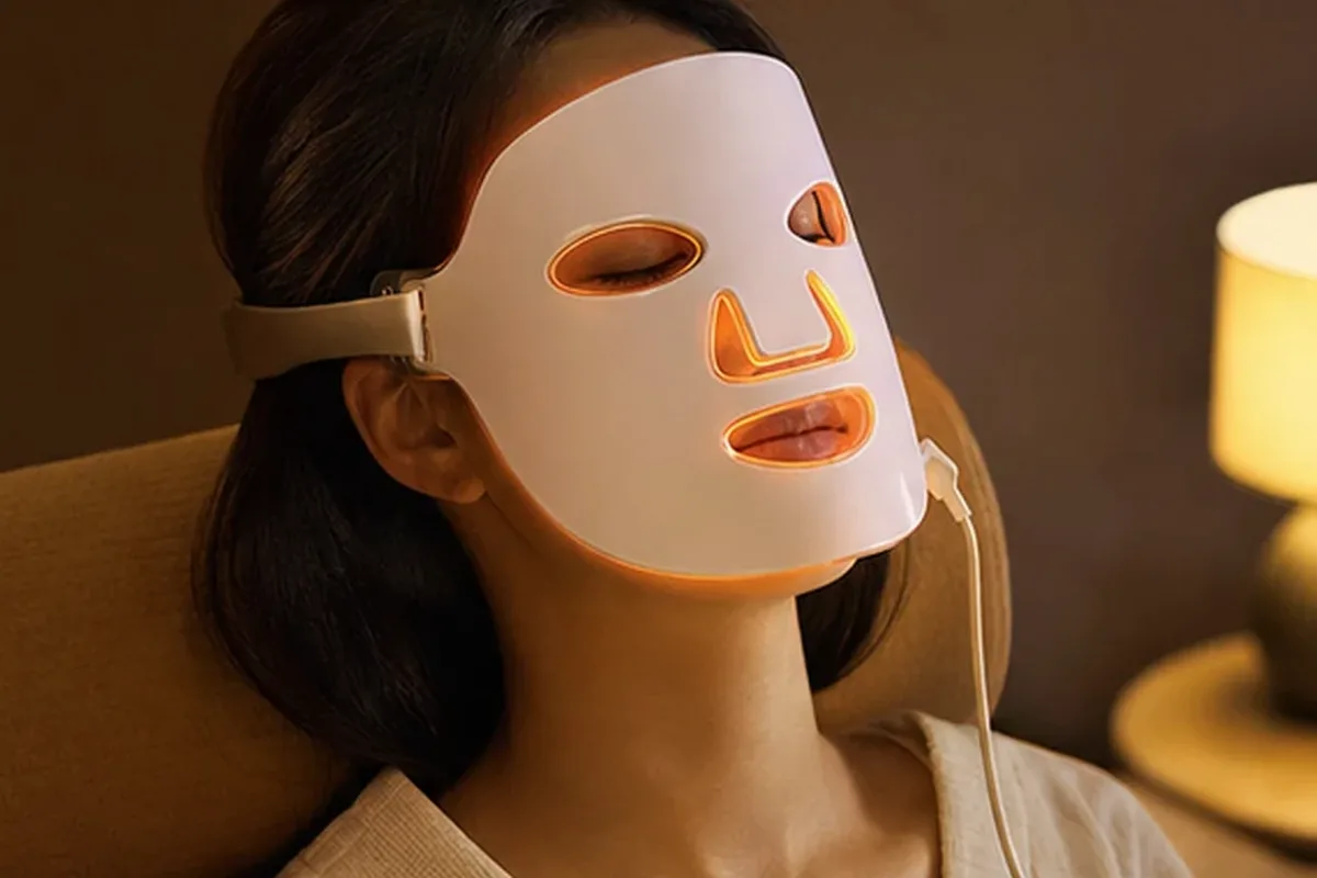 Authentischer Wohlfühlmoment passend zum Beauty-Thema LED-Gesichtsmaske mit Premium-Anspruch