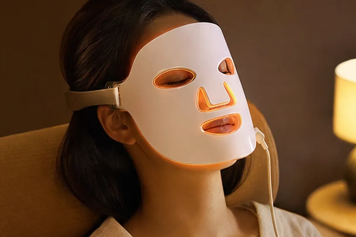 Emotionaler und authentischer Anwendungsmoment rund um LED-Gesichtsmaske für empfindliche Haut