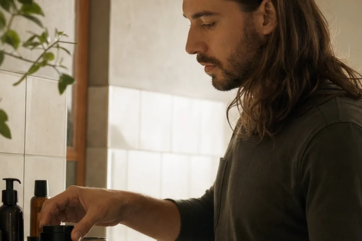 Emotionaler und authentischer Anwendungsmoment rund um Bartshampoo für fettige Haut