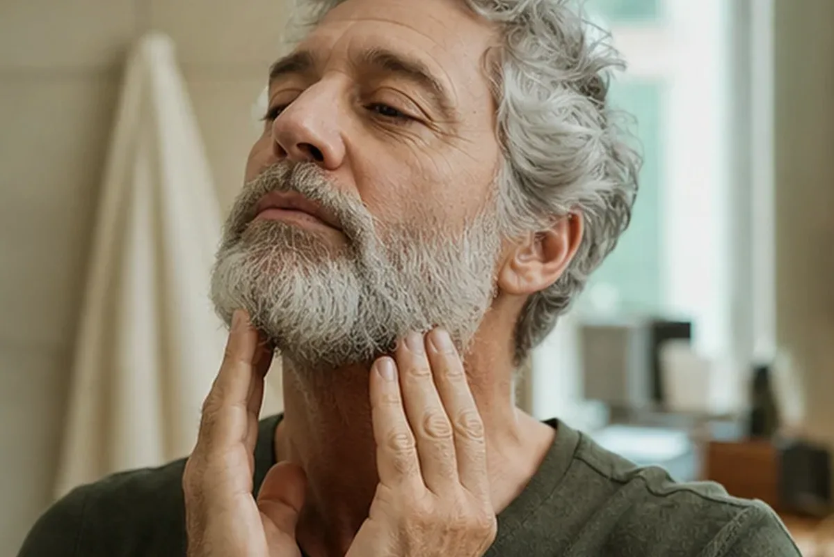 Redaktionelle Detailaufnahme zur Orientierung bei After Shave für einen lückenhaften Bart