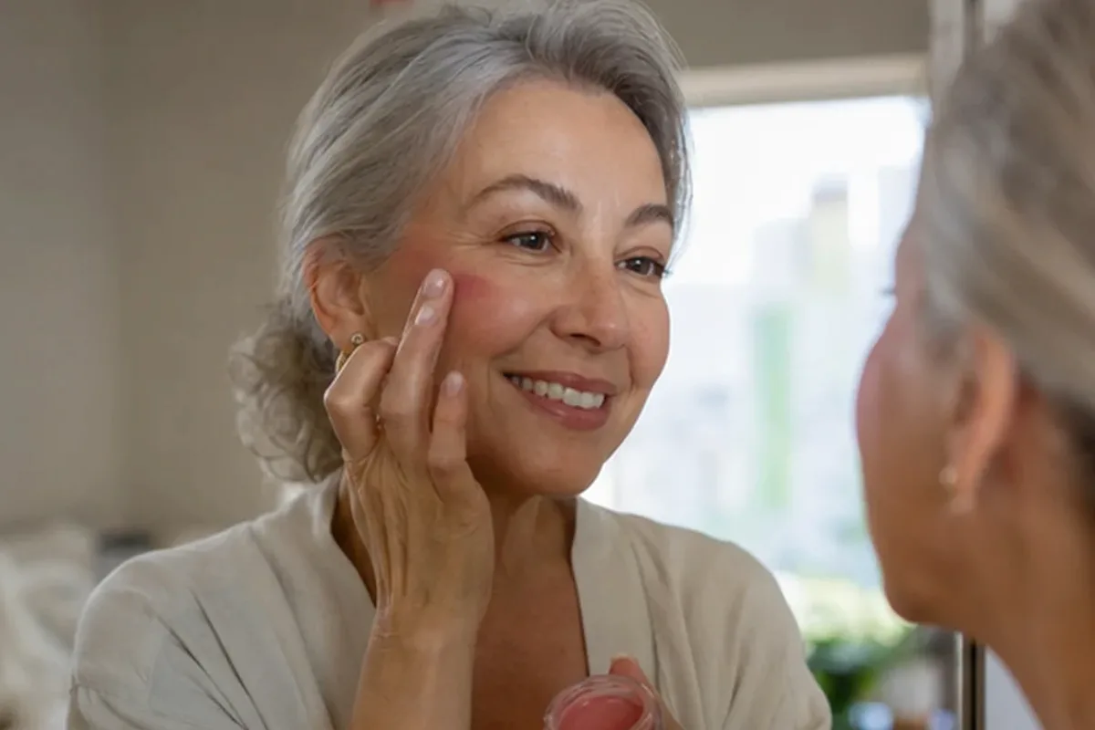 Authentischer Wohlfühlmoment passend zum Beauty-Thema Make-up-Pinsel für reife Haut