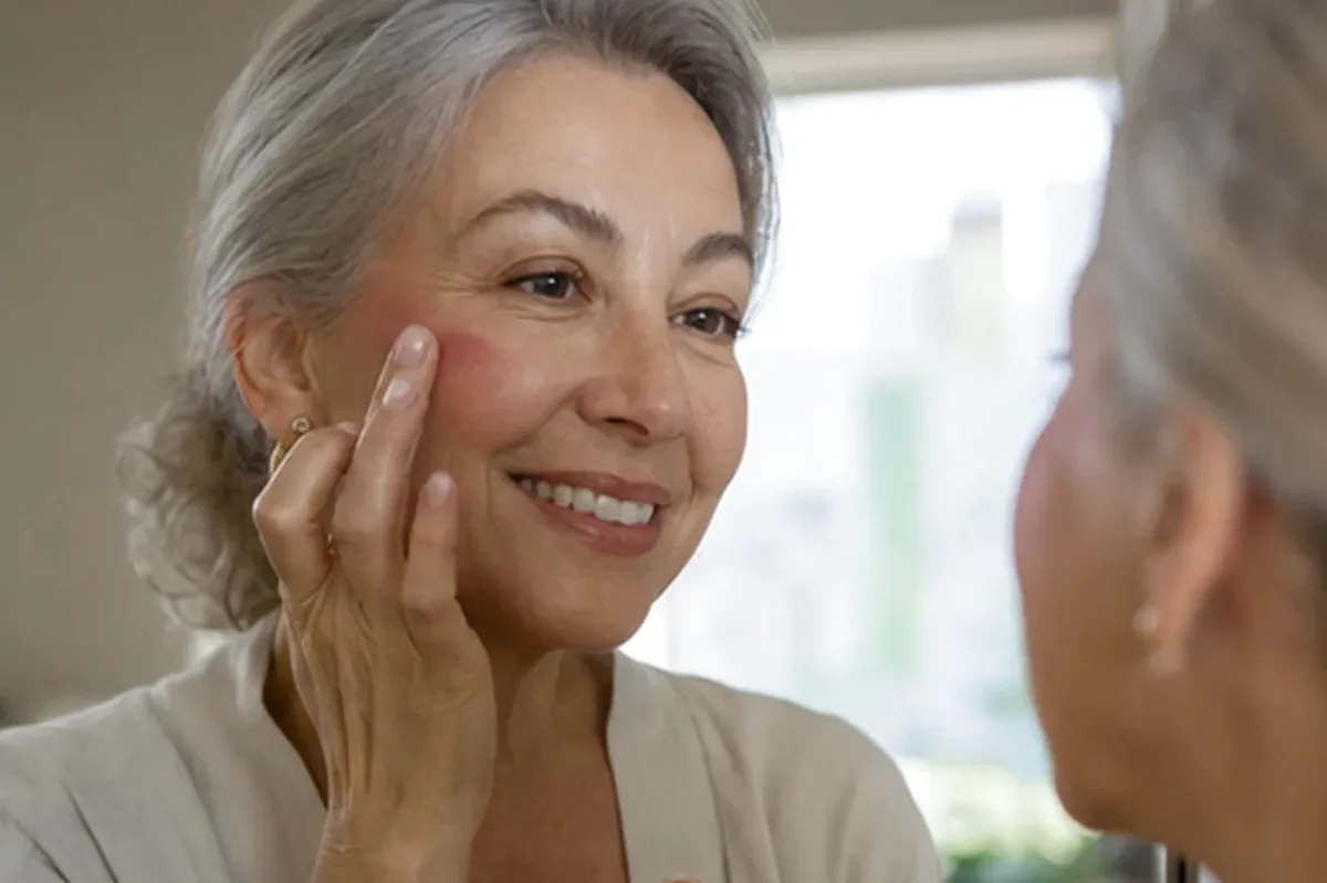 Authentischer Wohlfühlmoment passend zum Beauty-Thema Highlighter für reife Haut