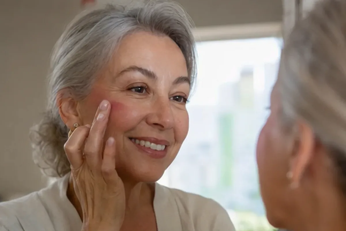 Emotionaler und authentischer Anwendungsmoment rund um Make-up-Pinsel bei Rötungen