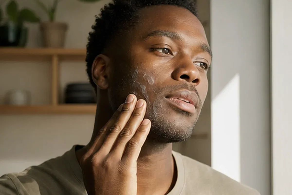 Authentischer Wohlfühlmoment passend zum Beauty-Thema Männer-Gesichtsreiniger für fettige Haut