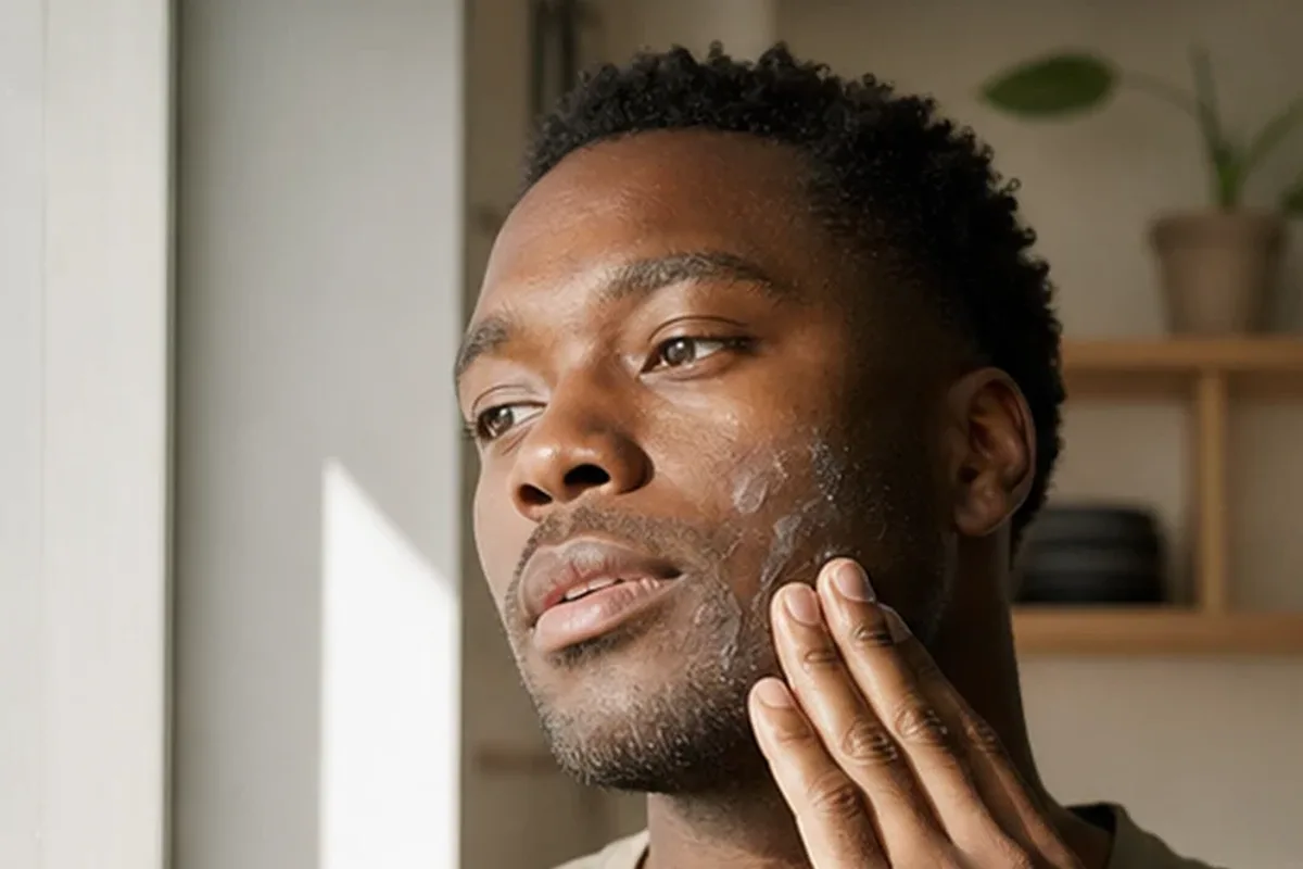 Authentischer Wohlfühlmoment passend zum Beauty-Thema Männer-Gesichtscreme für fettige Haut