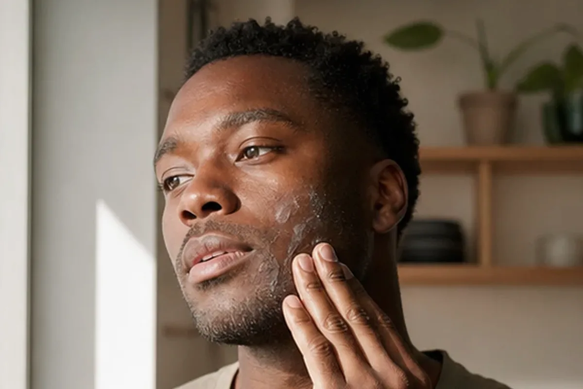 Authentischer Wohlfühlmoment passend zum Beauty-Thema Männer-Gesichtsreiniger bei wenig Zeit