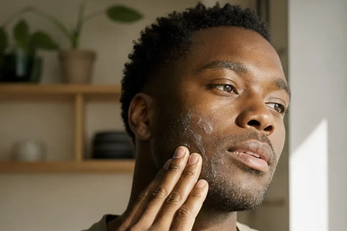 Redaktionelle Detailaufnahme zur Orientierung bei After Shave für einen lückenhaften Bart