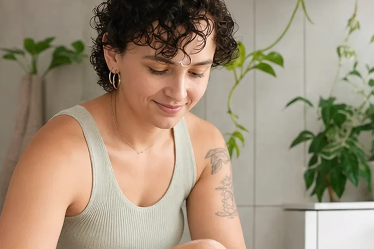 Authentischer Wohlfühlmoment passend zum Beauty-Thema Augenbrauen-Trimmer für empfindliche Haut