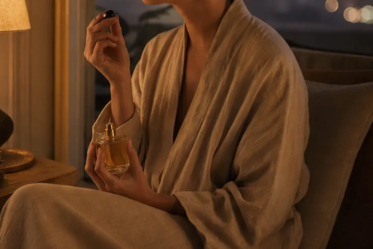Emotionaler und authentischer Anwendungsmoment rund um Winterparfum bei warmem Wetter